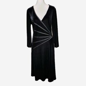 GNW Black Velvet Midi Dress Womens 12 Whimsigoth Witchy 3/4 Sleeve V-neck